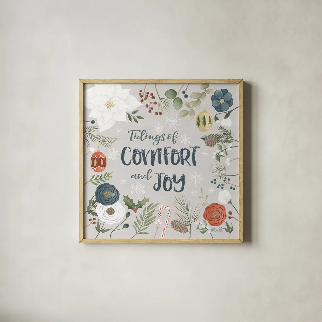 Holiday Garden VI by Laura Marshall. Shown in a natural wood glass frame for a timeless modern aesthetic. Available as an archival giclee rolled canvas, fine art paper, or poster print. SKU 37099a.