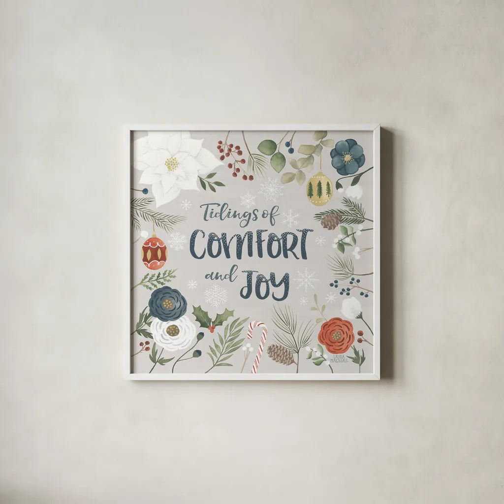 Holiday Garden VI by Laura Marshall. Shown in a crisp white glass frame for a clean and minimalist style. Available as an archival giclee rolled canvas, fine art paper, or poster print. SKU 37099a.