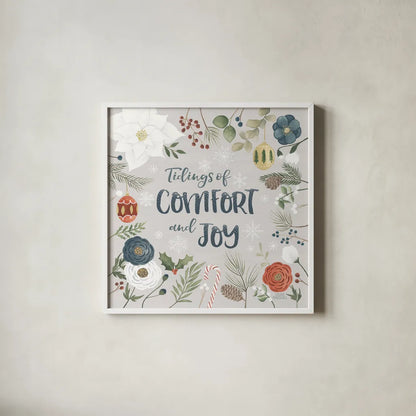 Holiday Garden VI by Laura Marshall. Shown in a crisp white glass frame for a clean and minimalist style. Available as an archival giclee rolled canvas, fine art paper, or poster print. SKU 37099a.