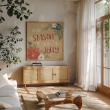 Holiday Garden VII by Laura Marshall. Shown in a natural wood frame in a cozy modern living room. Available as an archival giclee rolled canvas, fine art paper, or poster print. SKU 37100a.