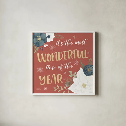 Holiday Garden VIII by Laura Marshall. Shown in a crisp white glass frame for a clean and minimalist style. Available as an archival giclee rolled canvas, fine art paper, or poster print. SKU 37101a.