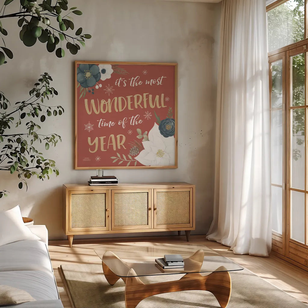 Holiday Garden VIII by Laura Marshall. Shown in a natural wood frame in a cozy modern living room. Available as an archival giclee rolled canvas, fine art paper, or poster print. SKU 37101a.