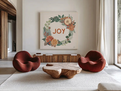 Holiday Spice IV by Laura Marshall. Shown as extra-large giant wall art in a modern living room. Available as an archival giclee rolled canvas, fine art paper, or poster print. SKU 67388a.