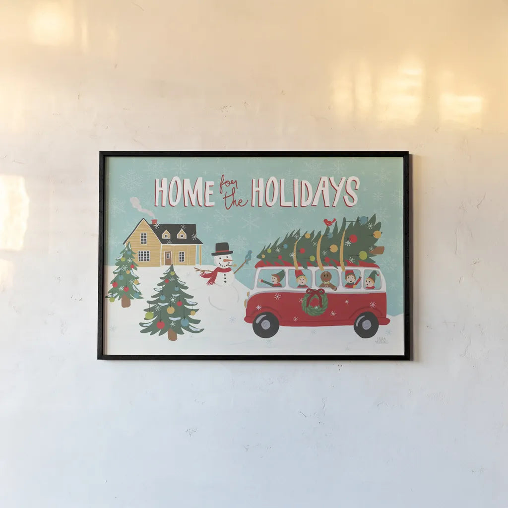 Holiday Travelers I by Laura Marshall. shown as a paper print in a black flame. Available as a archival giclee rolled canvas, fine art paper, or poster print. SKU 43980i.