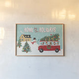 Holiday Travelers I by Laura Marshall. shown as a paper print in a natural frame. Available as a archival giclee rolled canvas, fine art paper, or poster print. SKU 43980i.
