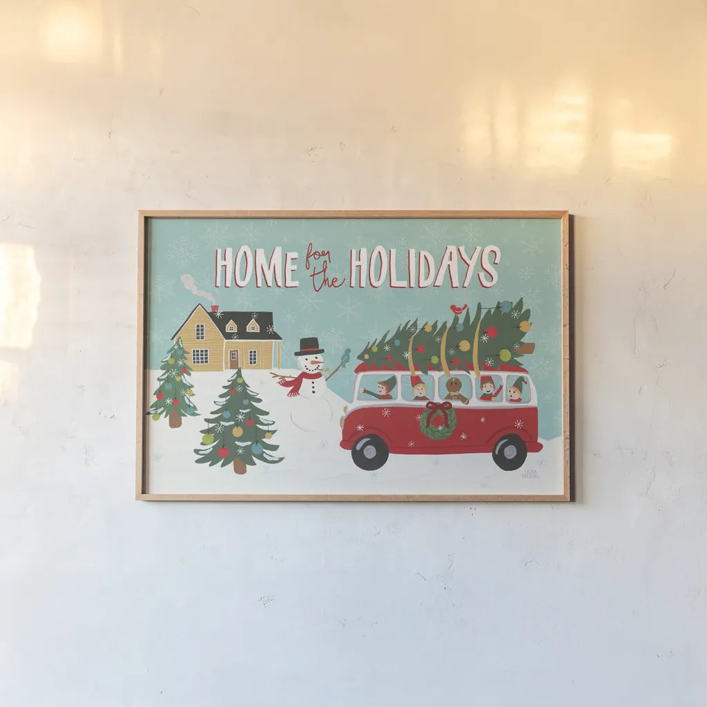 Holiday Travelers I by Laura Marshall. shown as a paper print in a natural frame. Available as a archival giclee rolled canvas, fine art paper, or poster print. SKU 43980i.
