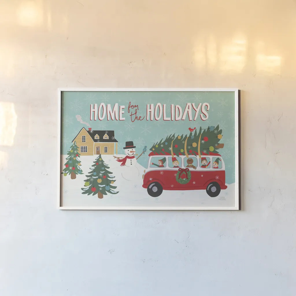 Holiday Travelers I by Laura Marshall. shown as a paper print in a white frame. Available as a archival giclee rolled canvas, fine art paper, or poster print. SKU 43980i.