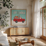 Holiday Travelers II by Laura Marshall. Shown in a natural wood frame in a cozy modern living room. Available as an archival giclee rolled canvas, fine art paper, or poster print. SKU 43981a.