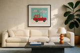 Holiday Travelers II by Laura Marshall. Displayed in a glass frame with matte in a clean modern living room. Available as an archival giclee rolled canvas, fine art paper, or poster print. SKU 43981a.