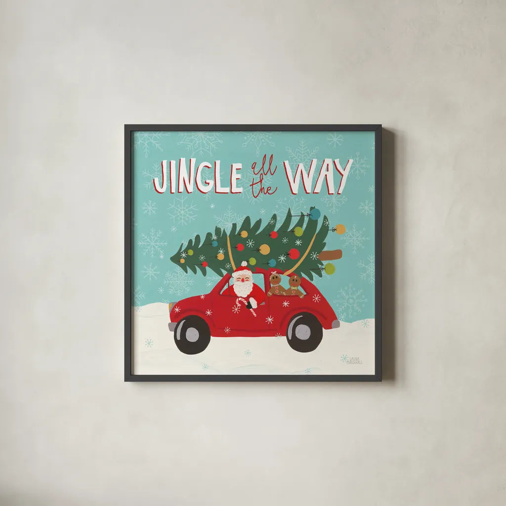 Holiday Travelers III by Laura Marshall. Shown in a sleek black glass frame for a contemporary gallery look. Available as an archival giclee rolled canvas, fine art paper, or poster print. SKU 43982a.