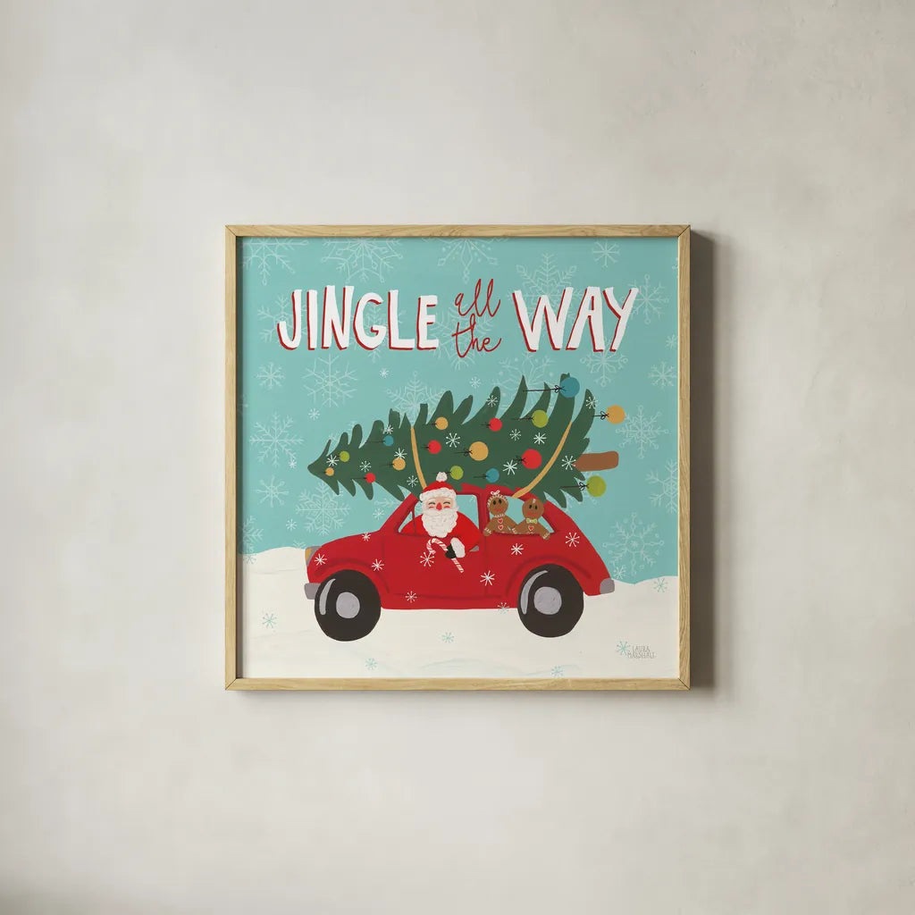 Holiday Travelers III by Laura Marshall. Shown in a natural wood glass frame for a timeless modern aesthetic. Available as an archival giclee rolled canvas, fine art paper, or poster print. SKU 43982a.