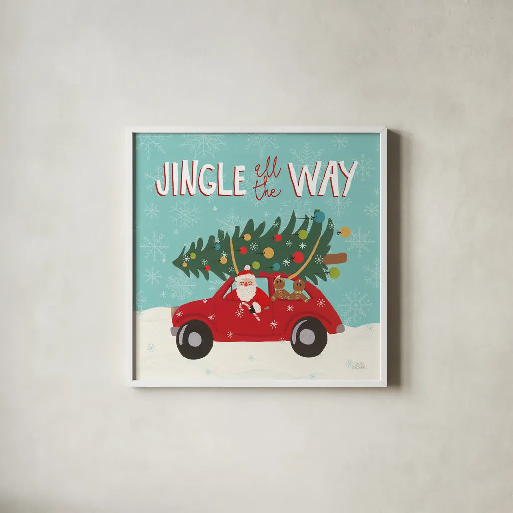 Holiday Travelers III by Laura Marshall. Shown in a crisp white glass frame for a clean and minimalist style. Available as an archival giclee rolled canvas, fine art paper, or poster print. SKU 43982a.