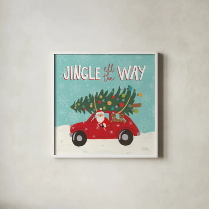 Holiday Travelers III by Laura Marshall. Shown in a crisp white glass frame for a clean and minimalist style. Available as an archival giclee rolled canvas, fine art paper, or poster print. SKU 43982a.