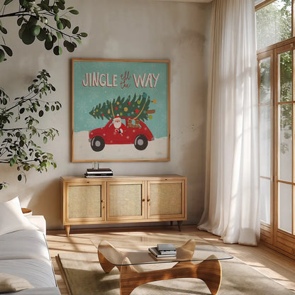 Holiday Travelers III by Laura Marshall. Shown in a natural wood frame in a cozy modern living room. Available as an archival giclee rolled canvas, fine art paper, or poster print. SKU 43982a.