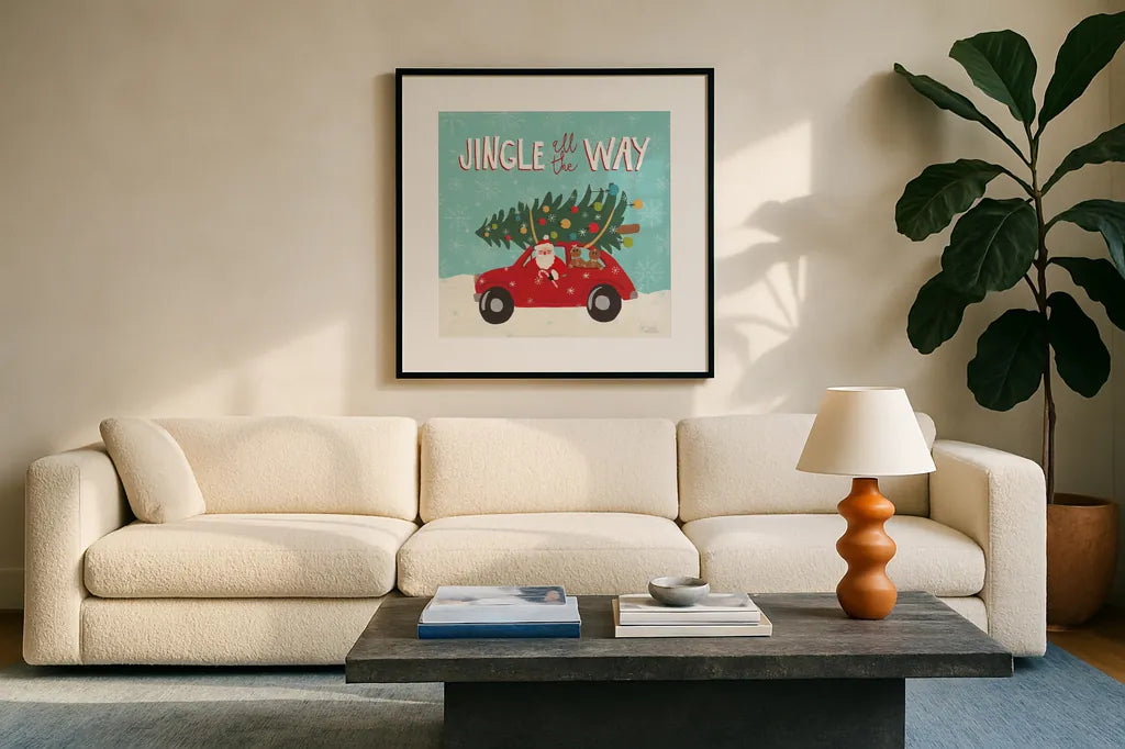 Holiday Travelers III by Laura Marshall. Displayed in a glass frame with matte in a clean modern living room. Available as an archival giclee rolled canvas, fine art paper, or poster print. SKU 43982a.