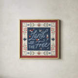Homespun Americana II v2 by Laura Marshall. Shown in a natural wood glass frame for a timeless modern aesthetic. Available as an archival giclee rolled canvas, fine art paper, or poster print. SKU 104922a.