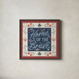 Homespun Americana III v2 by Laura Marshall. Shown in a sleek black glass frame for a contemporary gallery look. Available as an archival giclee rolled canvas, fine art paper, or poster print. SKU 104923a.