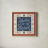 Homespun Americana III v2 by Laura Marshall. Shown in a natural wood glass frame for a timeless modern aesthetic. Available as an archival giclee rolled canvas, fine art paper, or poster print. SKU 104923a.