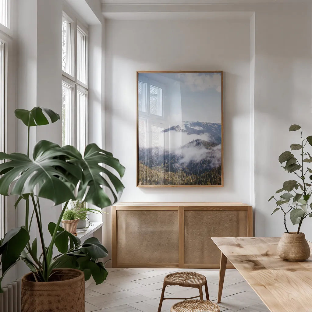 Hurricane Ridge I by Laura Marshall. shown as a print in a natural wood frame in a dining room. Available as a archival giclee rolled canvas, fine art paper, or poster print. SKU 63265h.