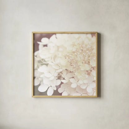 Hydrangea Dream II by Laura Marshall. Shown in a natural wood glass frame for a timeless modern aesthetic. Available as an archival giclee rolled canvas, fine art paper, or poster print. SKU 21917a.