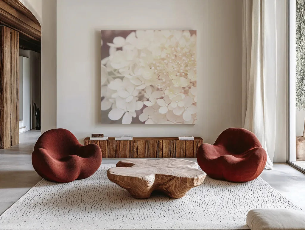 Hydrangea Dream II by Laura Marshall. Shown as extra-large giant wall art in a modern living room. Available as an archival giclee rolled canvas, fine art paper, or poster print. SKU 21917a.