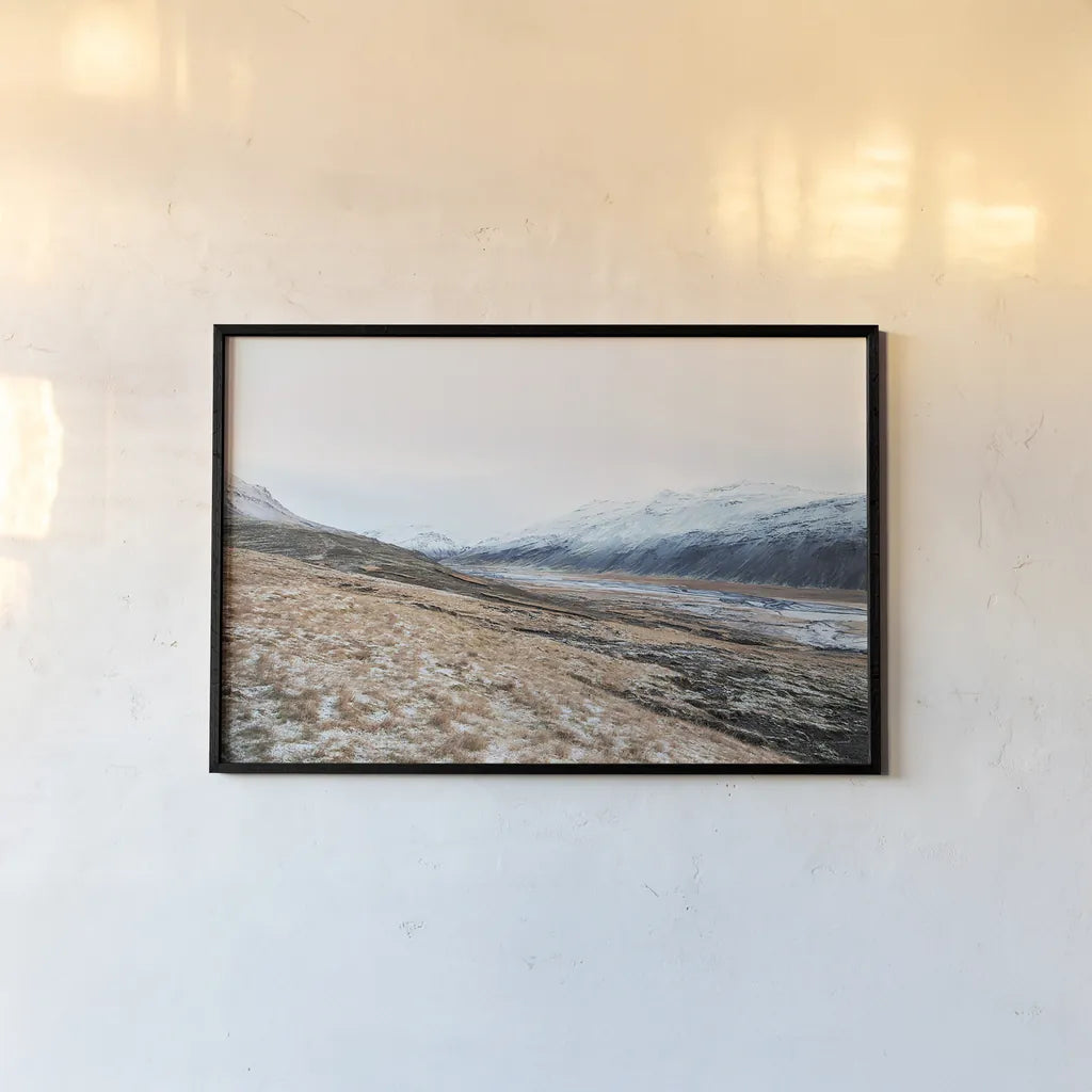 Iceland Hills II by Laura Marshall. shown as a paper print in a black flame. Available as a archival giclee rolled canvas, fine art paper, or poster print. SKU 63270i.