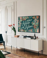 Jungle Hangout I by Laura Marshall. shown as a framed stretched canvas in a living room above a console. Available as a archival giclee rolled canvas, fine art paper, or poster print. SKU 55740i.