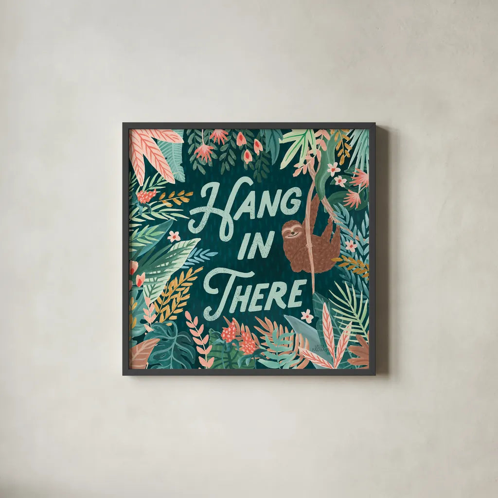 Jungle Hangout II by Laura Marshall. Shown in a sleek black glass frame for a contemporary gallery look. Available as an archival giclee rolled canvas, fine art paper, or poster print. SKU 55741a.