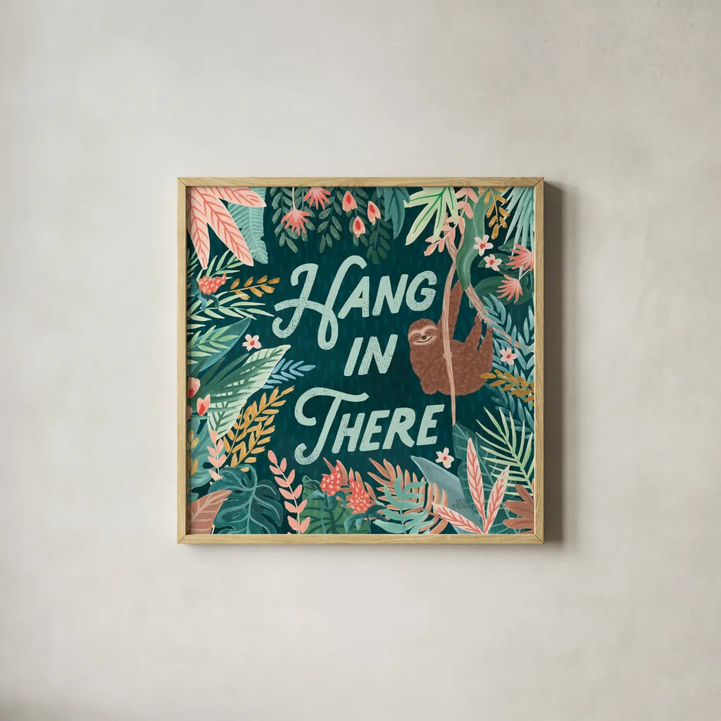 Jungle Hangout II by Laura Marshall. Shown in a natural wood glass frame for a timeless modern aesthetic. Available as an archival giclee rolled canvas, fine art paper, or poster print. SKU 55741a.