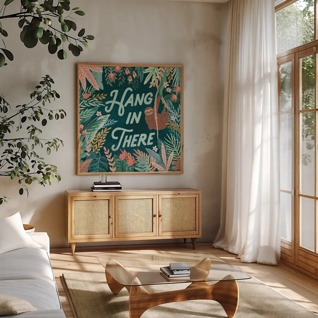 Jungle Hangout II by Laura Marshall. Shown in a natural wood frame in a cozy modern living room. Available as an archival giclee rolled canvas, fine art paper, or poster print. SKU 55741a.