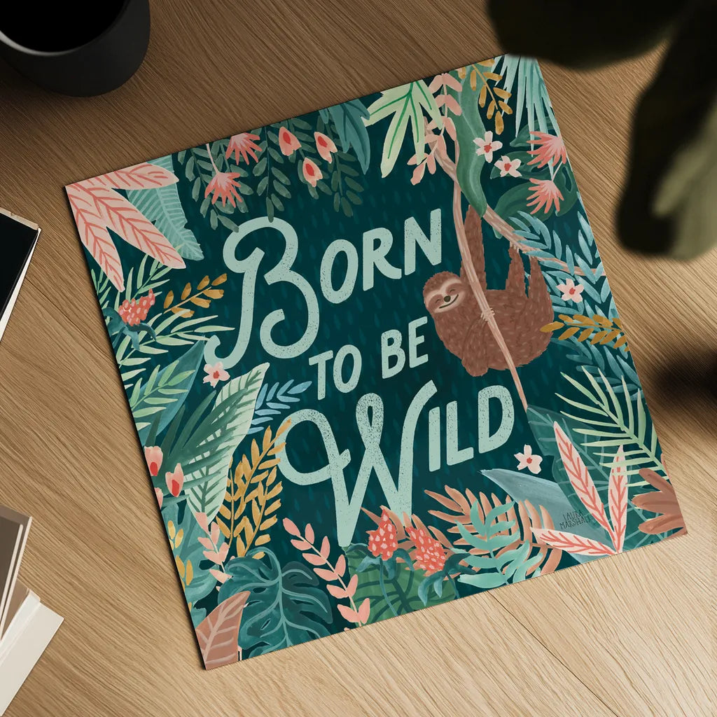 Jungle Hangout II Born to be Wild by Laura Marshall. Shown as a detailed flat fine art print, highlighting archival giclee quality. Available as an archival giclee rolled canvas, fine art paper, or poster print. SKU 70221a.
