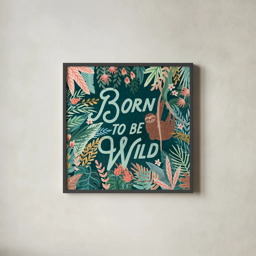 Jungle Hangout II Born to be Wild by Laura Marshall. Shown in a sleek black glass frame for a contemporary gallery look. Available as an archival giclee rolled canvas, fine art paper, or poster print. SKU 70221a.