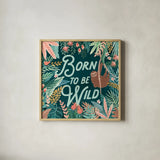 Jungle Hangout II Born to be Wild by Laura Marshall. Shown in a natural wood glass frame for a timeless modern aesthetic. Available as an archival giclee rolled canvas, fine art paper, or poster print. SKU 70221a.