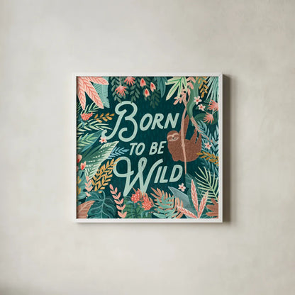 Jungle Hangout II Born to be Wild by Laura Marshall. Shown in a crisp white glass frame for a clean and minimalist style. Available as an archival giclee rolled canvas, fine art paper, or poster print. SKU 70221a.