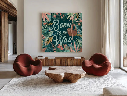 Jungle Hangout II Born to be Wild by Laura Marshall. Shown as extra-large giant wall art in a modern living room. Available as an archival giclee rolled canvas, fine art paper, or poster print. SKU 70221a.
