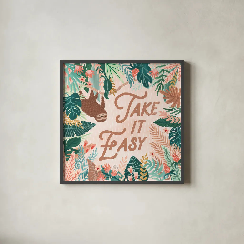 Jungle Hangout III by Laura Marshall. Shown in a sleek black glass frame for a contemporary gallery look. Available as an archival giclee rolled canvas, fine art paper, or poster print. SKU 55742a.