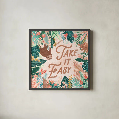 Jungle Hangout III by Laura Marshall. Shown in a sleek black glass frame for a contemporary gallery look. Available as an archival giclee rolled canvas, fine art paper, or poster print. SKU 55742a.