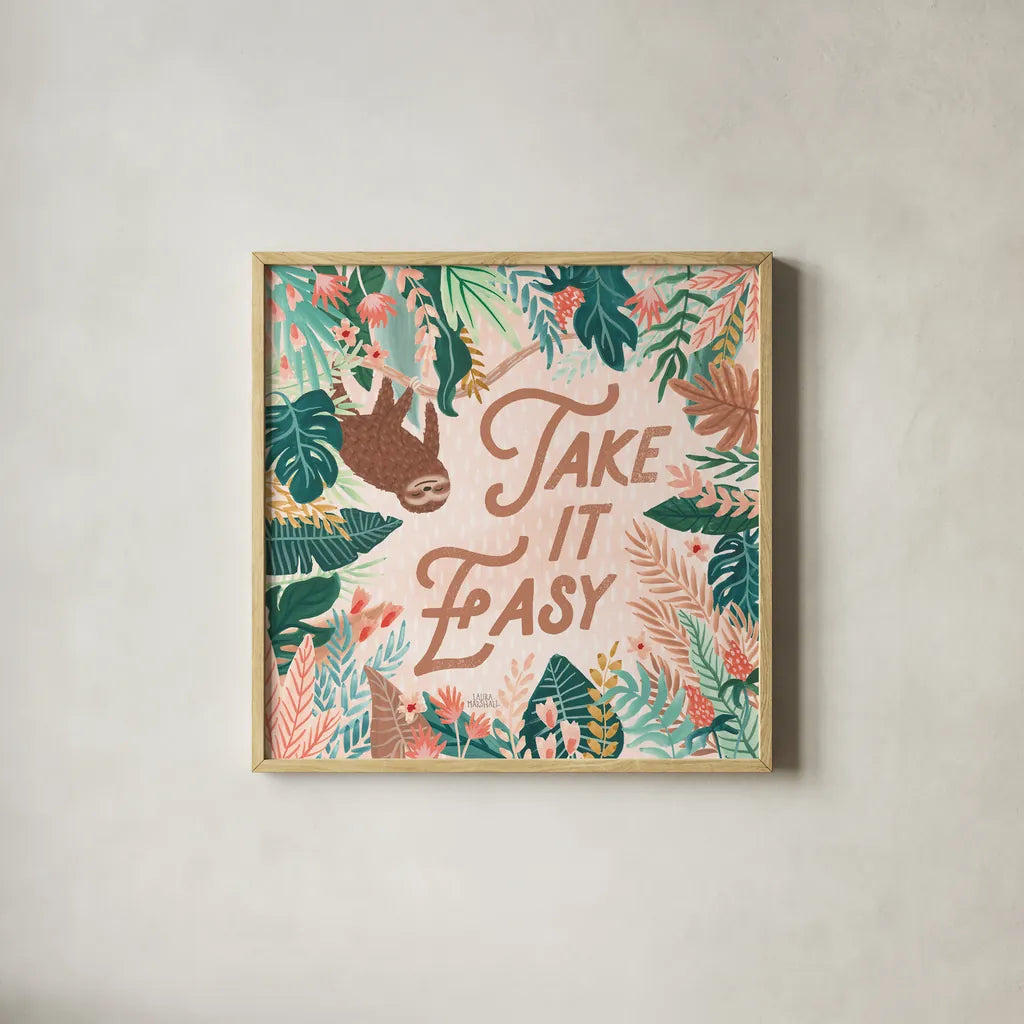 Jungle Hangout III by Laura Marshall. Shown in a natural wood glass frame for a timeless modern aesthetic. Available as an archival giclee rolled canvas, fine art paper, or poster print. SKU 55742a.