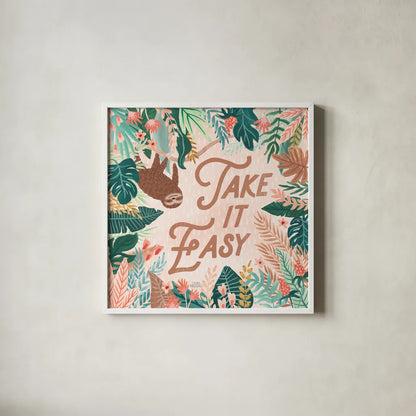 Jungle Hangout III by Laura Marshall. Shown in a crisp white glass frame for a clean and minimalist style. Available as an archival giclee rolled canvas, fine art paper, or poster print. SKU 55742a.