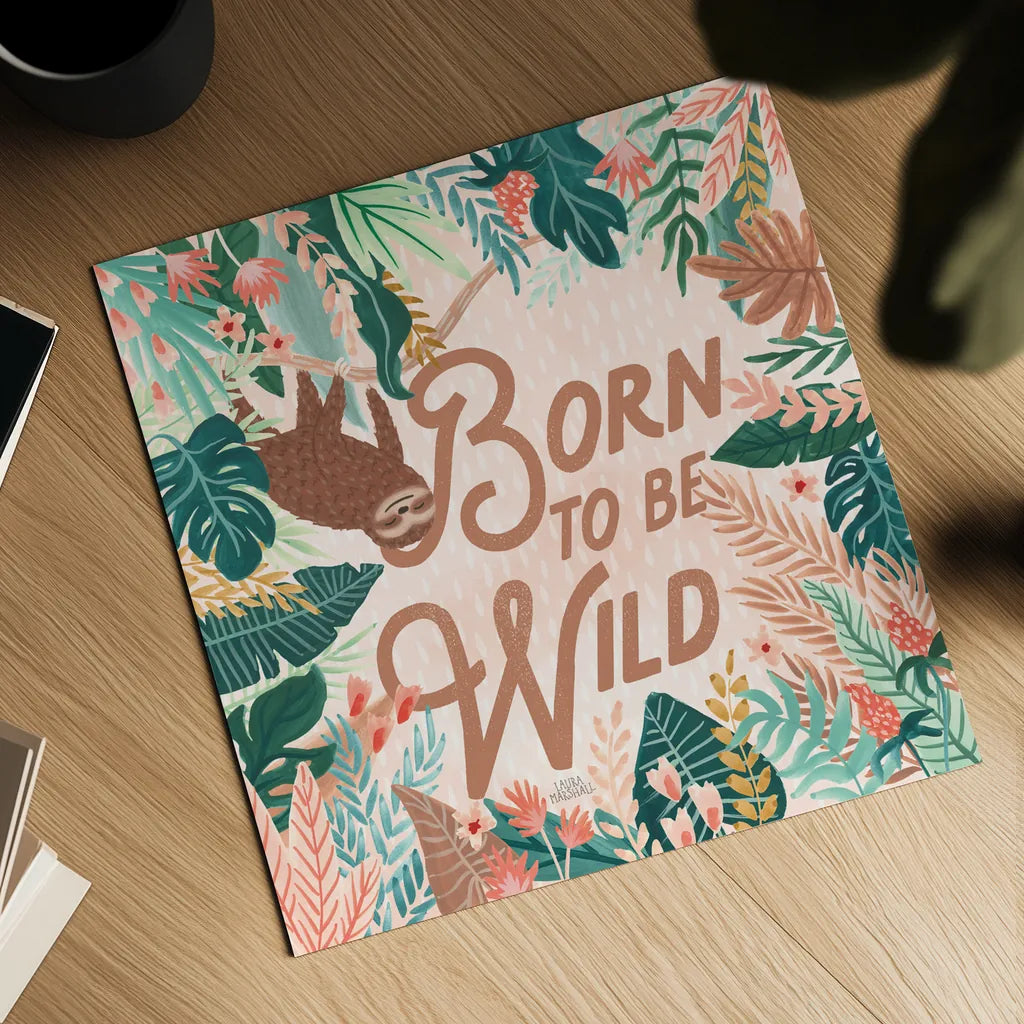 Jungle Hangout III Born to be Wild by Laura Marshall. Shown as a detailed flat fine art print, highlighting archival giclee quality. Available as an archival giclee rolled canvas, fine art paper, or poster print. SKU 70222a.