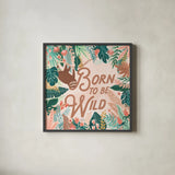 Jungle Hangout III Born to be Wild by Laura Marshall. Shown in a sleek black glass frame for a contemporary gallery look. Available as an archival giclee rolled canvas, fine art paper, or poster print. SKU 70222a.