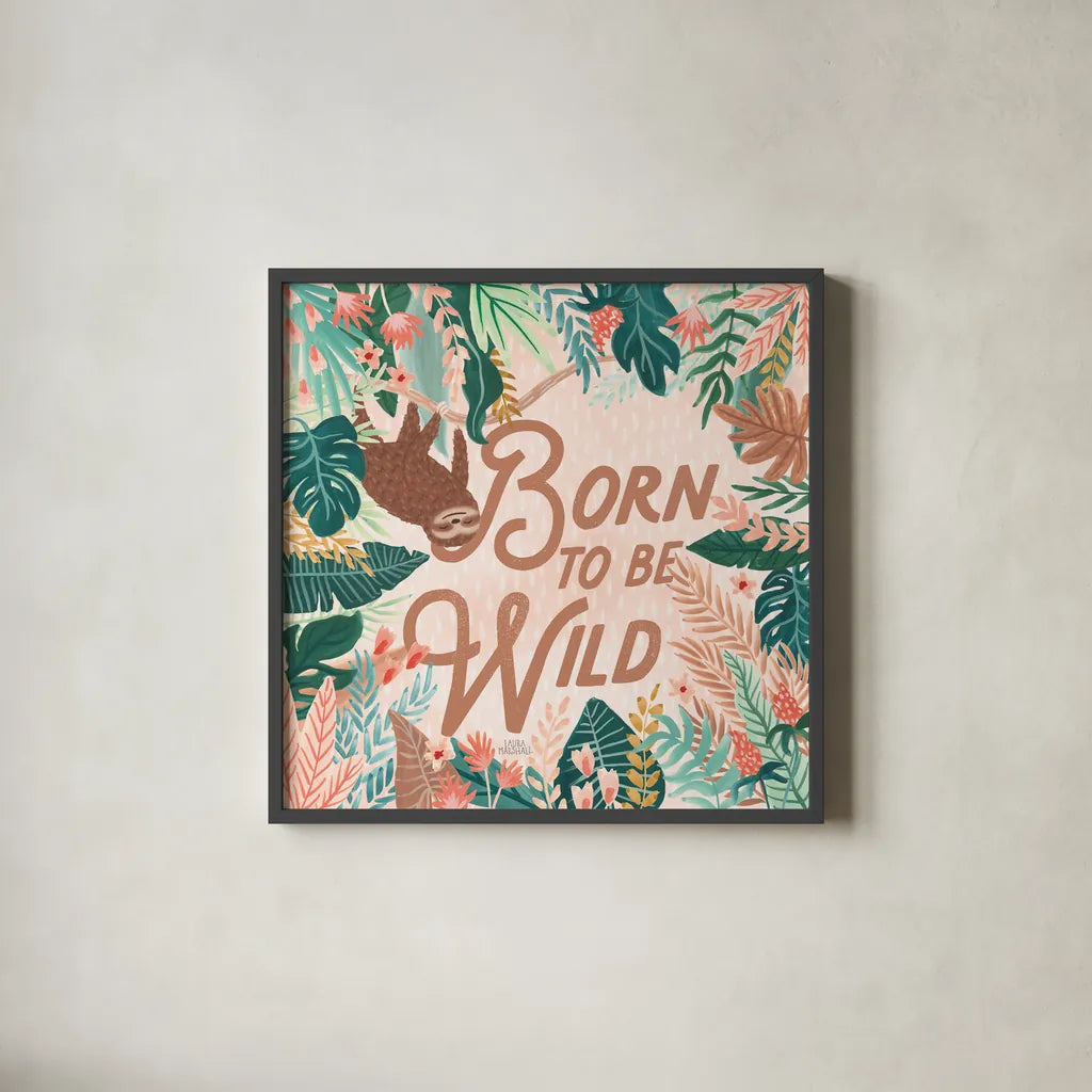 Jungle Hangout III Born to be Wild by Laura Marshall. Shown in a sleek black glass frame for a contemporary gallery look. Available as an archival giclee rolled canvas, fine art paper, or poster print. SKU 70222a.