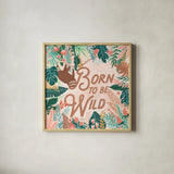 Jungle Hangout III Born to be Wild by Laura Marshall. Shown in a natural wood glass frame for a timeless modern aesthetic. Available as an archival giclee rolled canvas, fine art paper, or poster print. SKU 70222a.