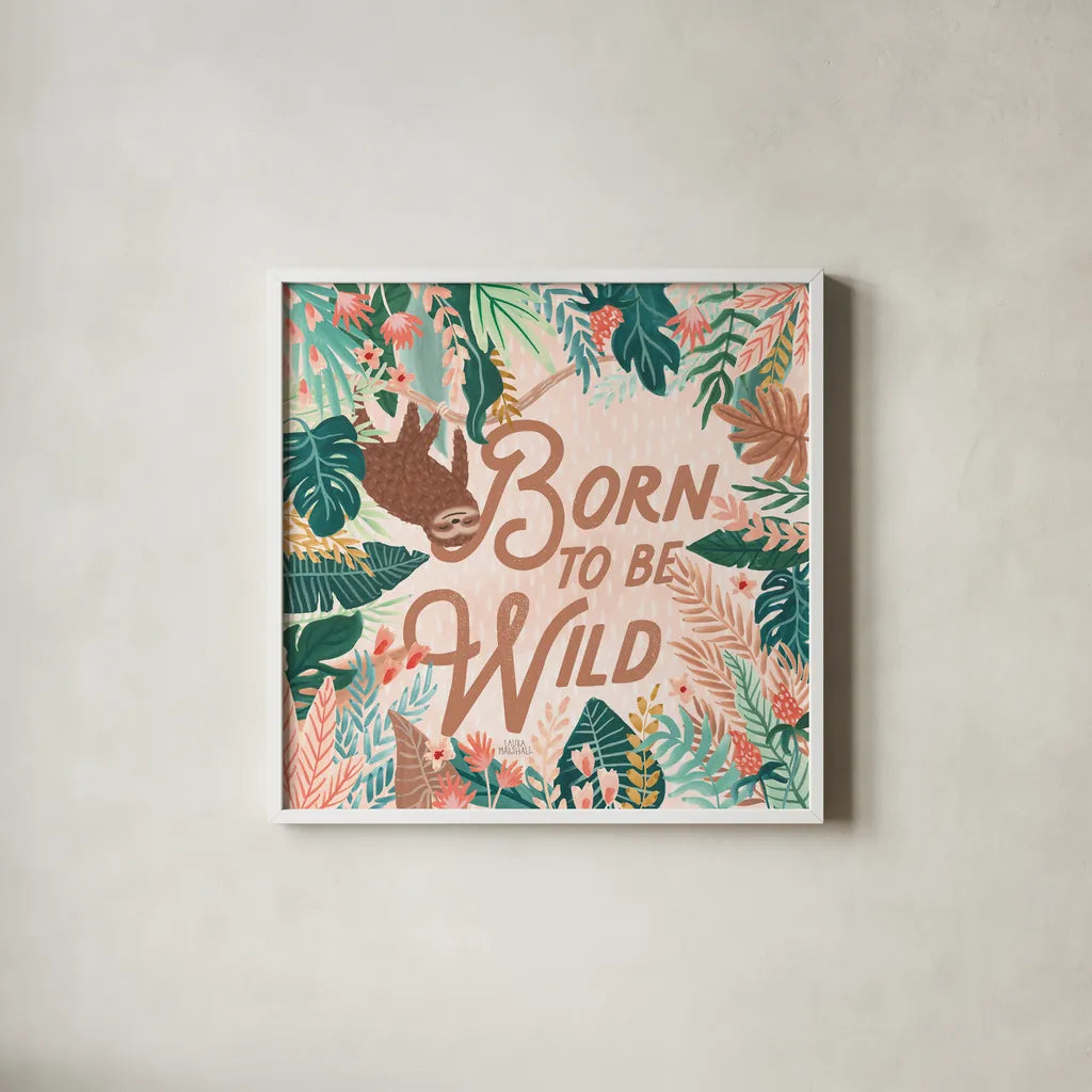 Jungle Hangout III Born to be Wild by Laura Marshall. Shown in a crisp white glass frame for a clean and minimalist style. Available as an archival giclee rolled canvas, fine art paper, or poster print. SKU 70222a.