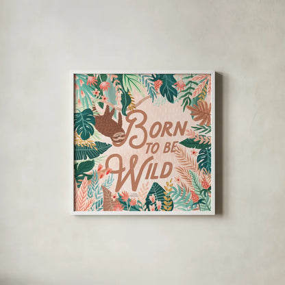 Jungle Hangout III Born to be Wild by Laura Marshall. Shown in a crisp white glass frame for a clean and minimalist style. Available as an archival giclee rolled canvas, fine art paper, or poster print. SKU 70222a.