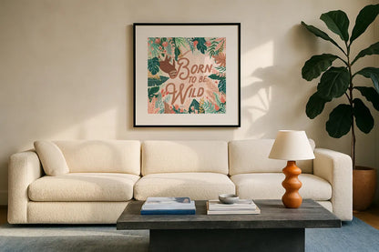 Jungle Hangout III Born to be Wild by Laura Marshall. Displayed in a glass frame with matte in a clean modern living room. Available as an archival giclee rolled canvas, fine art paper, or poster print. SKU 70222a.