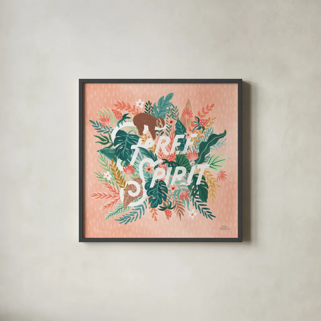 Jungle Hangout IV by Laura Marshall. Shown in a sleek black glass frame for a contemporary gallery look. Available as an archival giclee rolled canvas, fine art paper, or poster print. SKU 55743a.