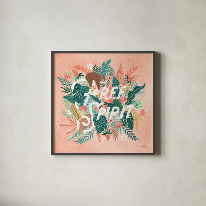 Jungle Hangout IV by Laura Marshall. Shown in a sleek black glass frame for a contemporary gallery look. Available as an archival giclee rolled canvas, fine art paper, or poster print. SKU 55743a.