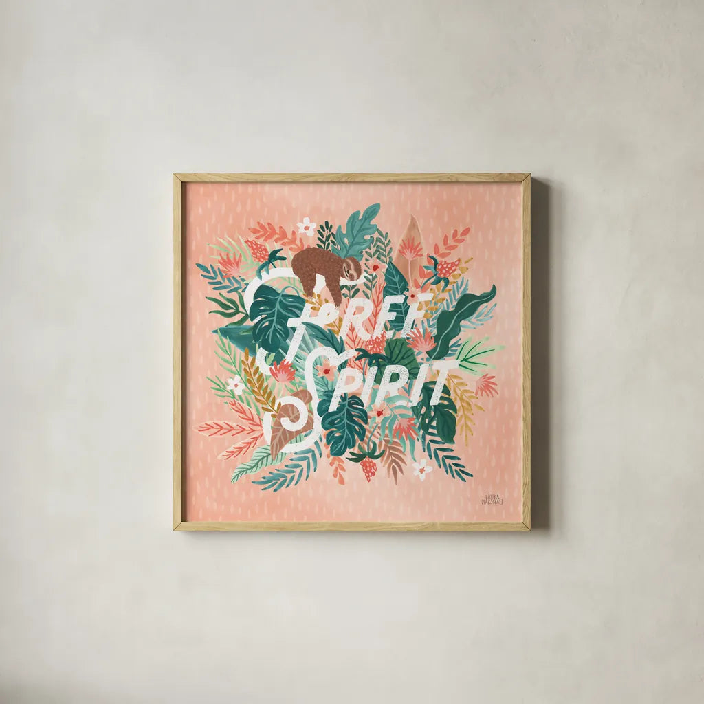 Jungle Hangout IV by Laura Marshall. Shown in a natural wood glass frame for a timeless modern aesthetic. Available as an archival giclee rolled canvas, fine art paper, or poster print. SKU 55743a.