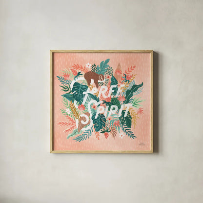 Jungle Hangout IV by Laura Marshall. Shown in a natural wood glass frame for a timeless modern aesthetic. Available as an archival giclee rolled canvas, fine art paper, or poster print. SKU 55743a.